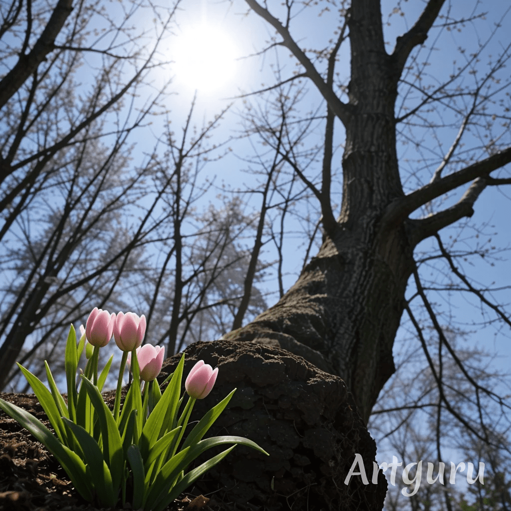 Premiers rayons du soleil, printemps, tulipes rose, ciel bleu